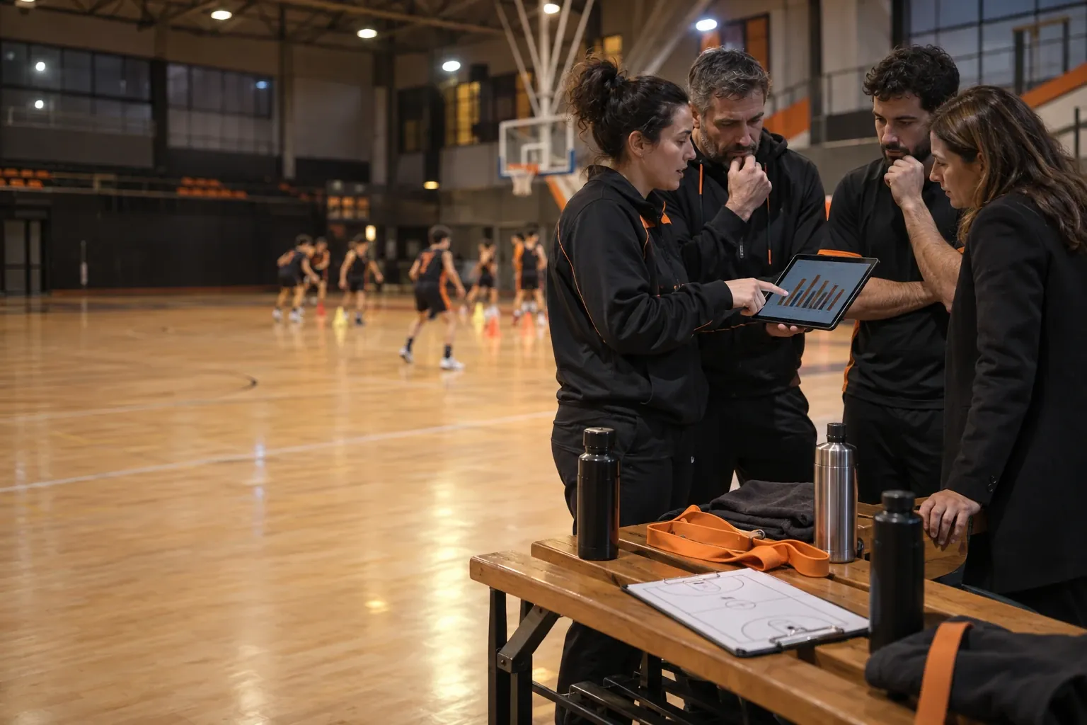 Entrenadores y preparador físico de un club de baloncesto revisando la carga de los jugadores en una tablet