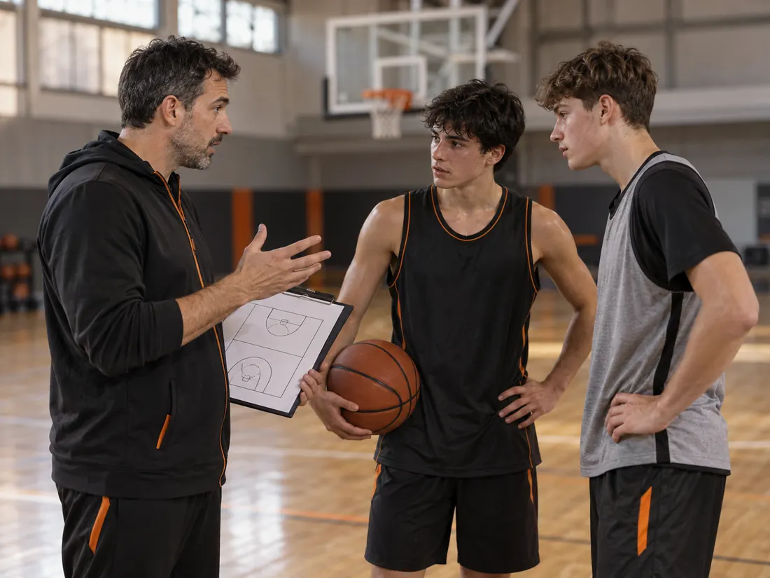 Entrenador de un club de baloncesto explicando un ejercicio a dos jugadores de cantera