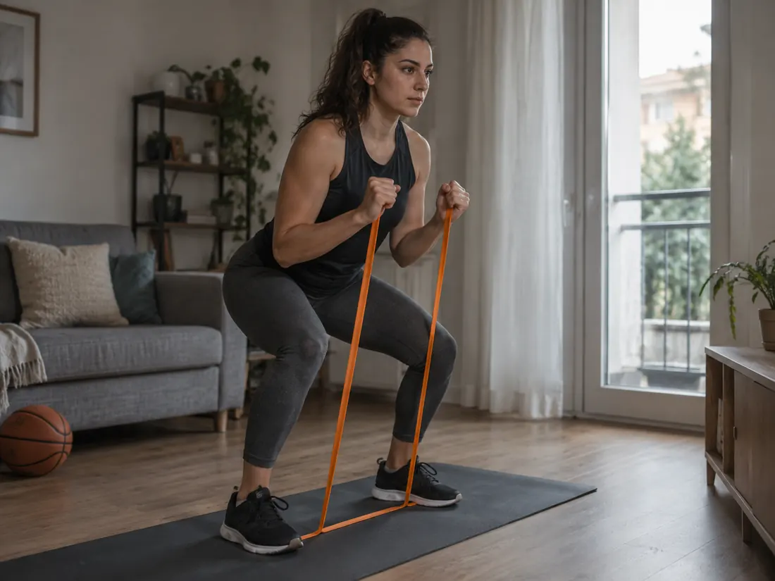 Jugadora de baloncesto haciendo sentadillas con banda elástica en casa