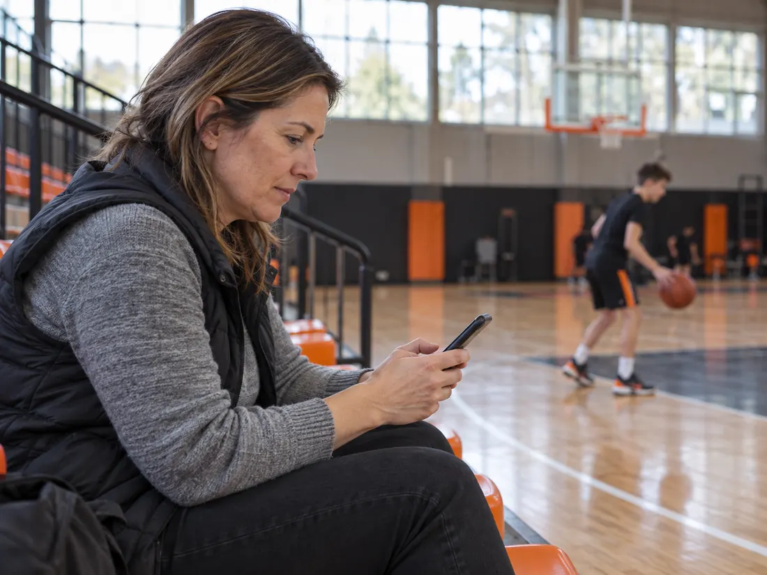 Madre en la grada viendo entrenar a su hijo jugador de baloncesto