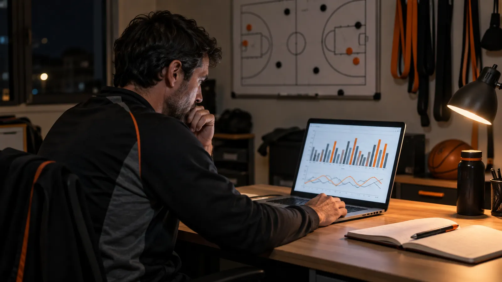 Preparador físico de baloncesto planificando la carga de entrenamiento