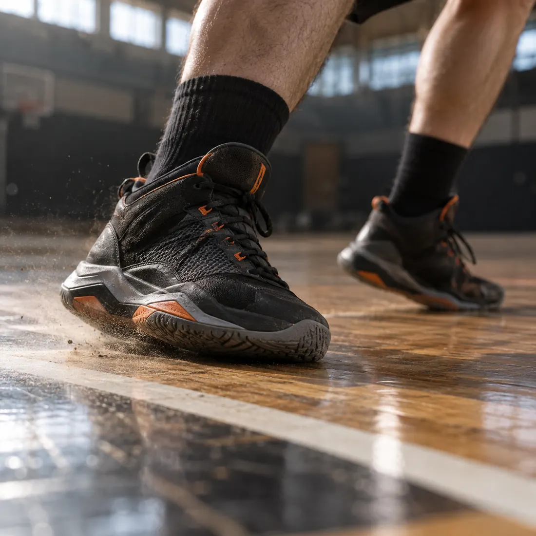 Zapatillas de un jugador de baloncesto frenando en el parqué